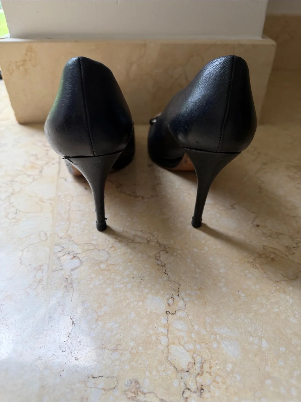 Gucci Black Leather Peep-Toe Heels with Silver Horsebit Accent